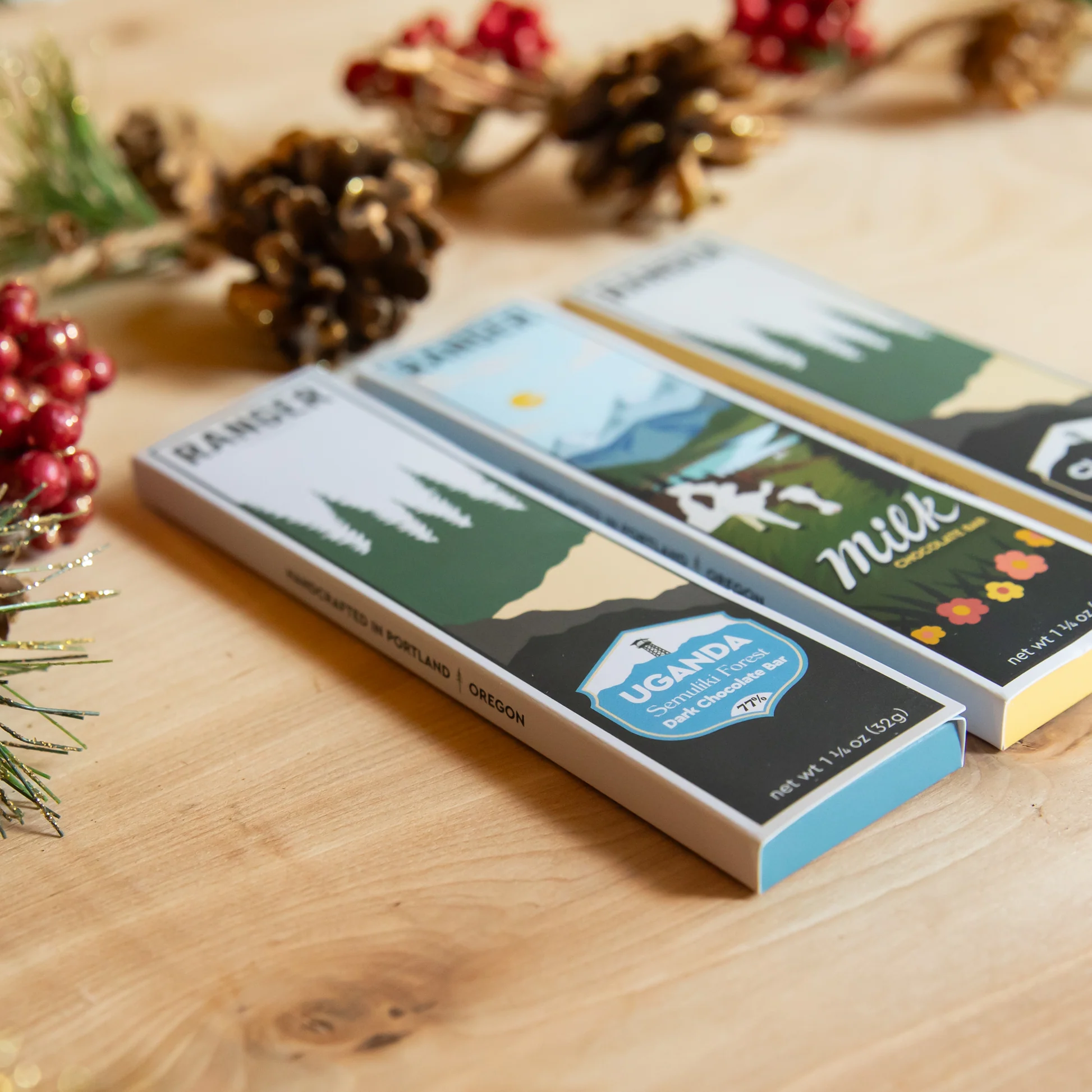 Ranger chocolate bars arranged with festive greenery and pinecones