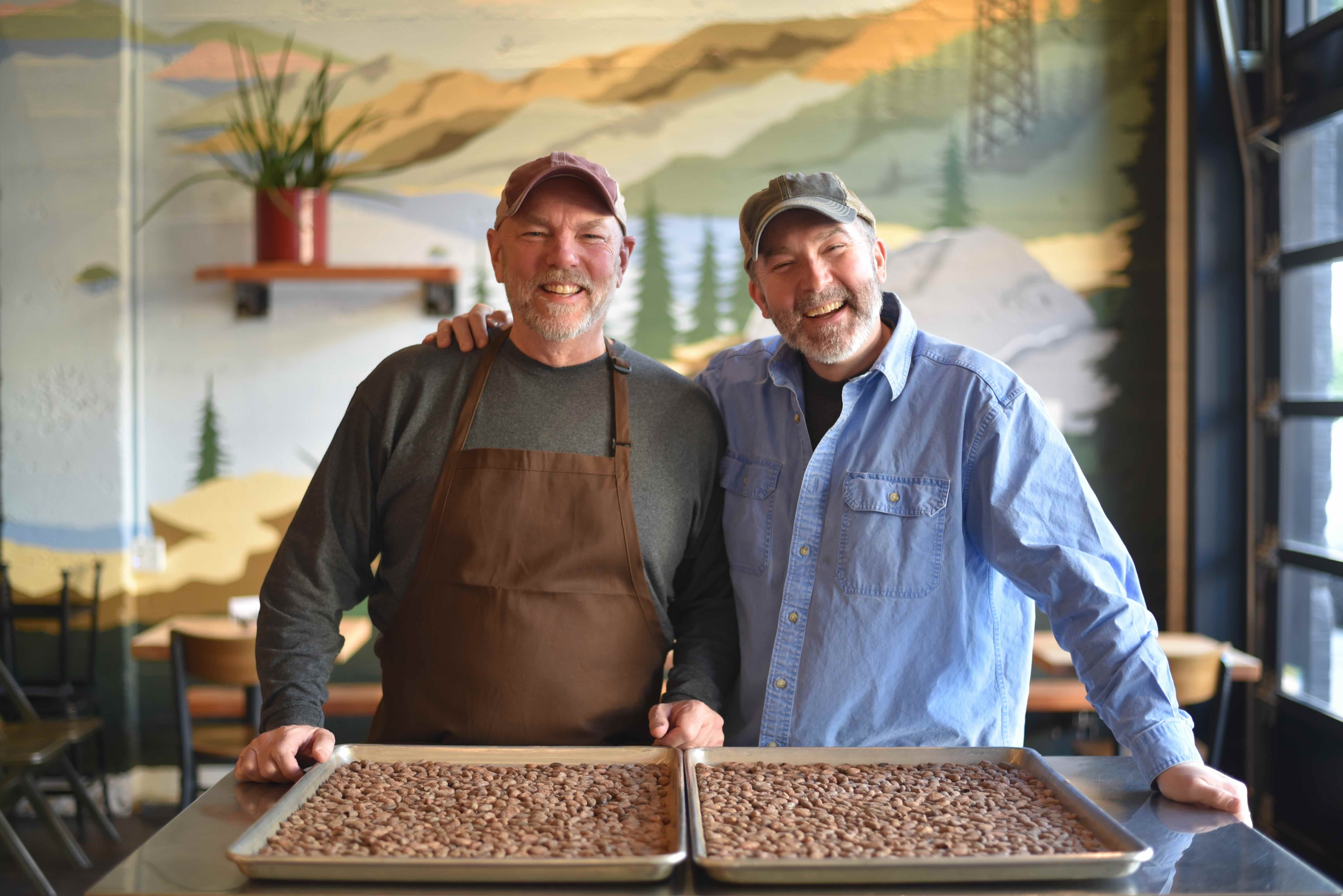 Ranger Chocolate Co. founders George Domurot and David Beanland with freshly roasted cacao