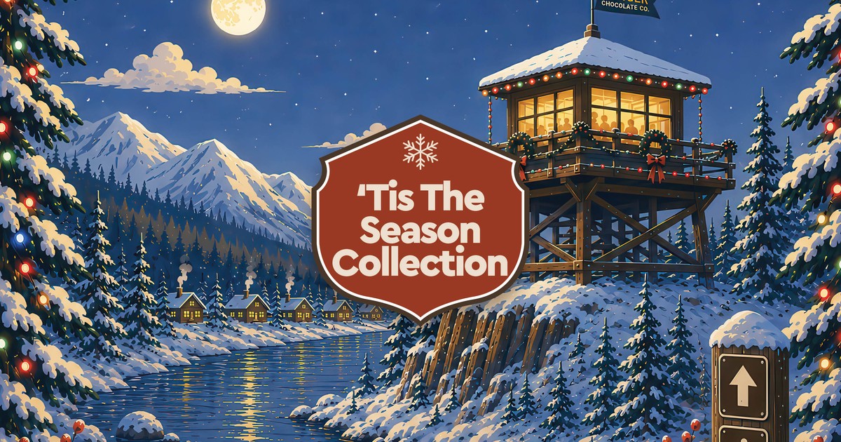 ’Tis the Season Collection artwork: a snow-covered lookout tower strung with holiday lights beside a badge reading ’Tis The Season Collection
