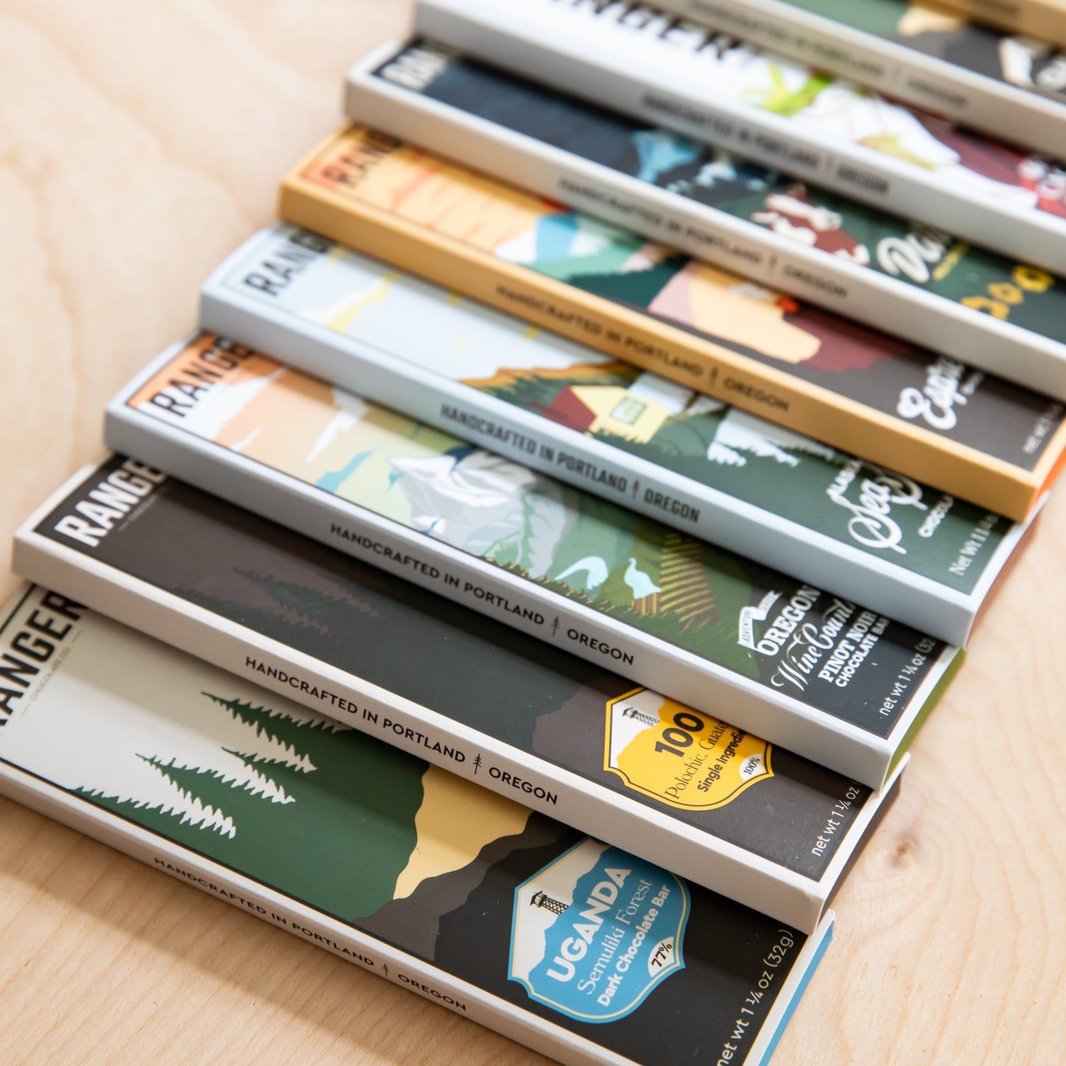 An assortment of handcrafted Ranger Chocolate Co. chocolate bars