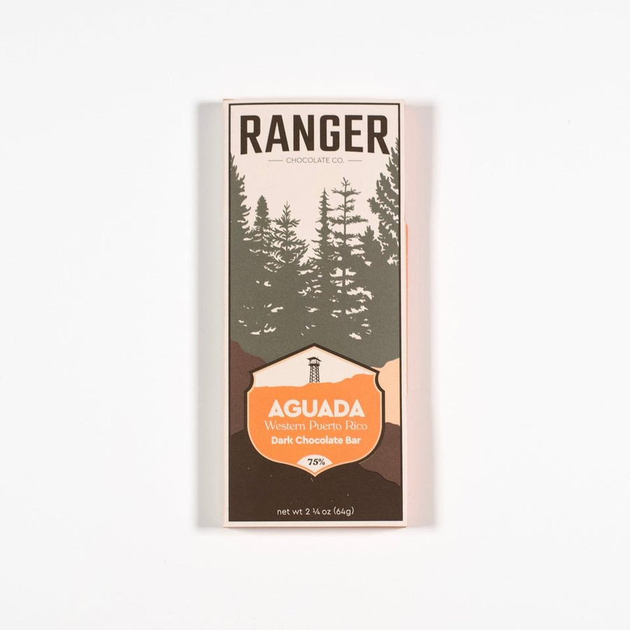 A Ranger Aguada 75% dark chocolate bar in forest-green packaging with an orange badge