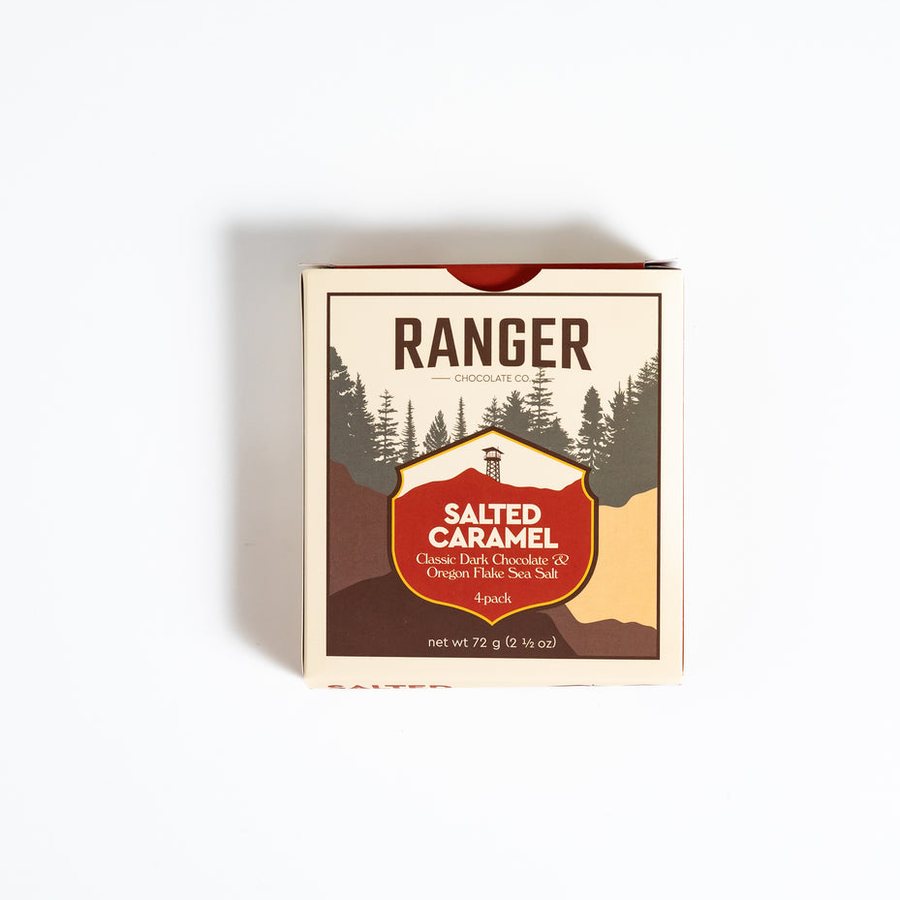 A Ranger Salted Caramel box in brown and cream packaging with a red badge