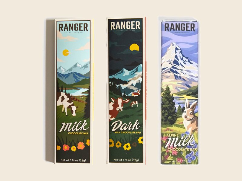 Three Ranger milk chocolate bars: Milk, Dark Milk, and Alpine Milk