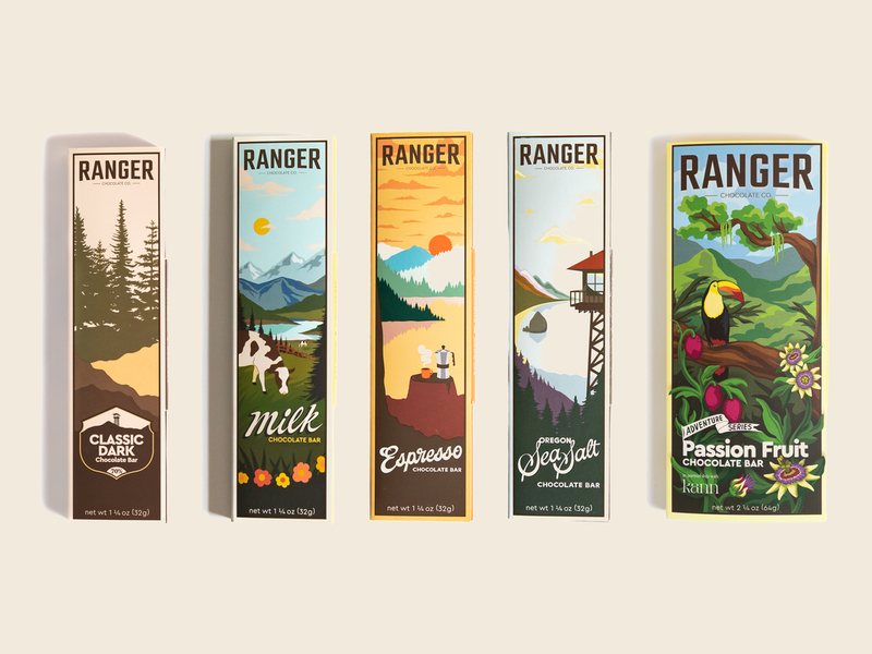 Five Ranger chocolate bars standing side by side: Classic Dark, Milk, Espresso, Sea Salt, and Passion Fruit