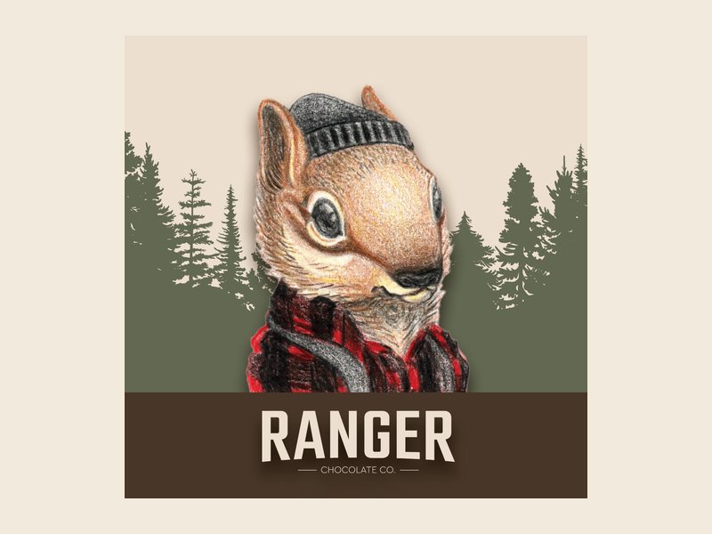A Ranger Chocolate Co. gift card showing a squirrel in a red flannel and beanie in front of evergreen trees